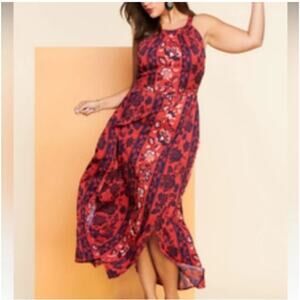 Molly & Isadore Floral Halter Red Blue  Maxi Dress Women Size 22